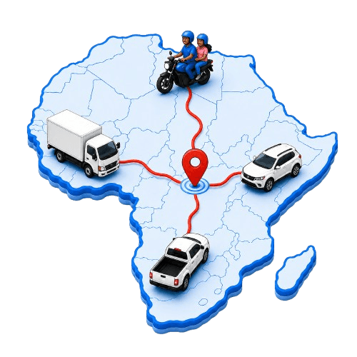 3D illustration of Africa with the four Rides vehicles — moto, cab, hilux and fuso — positioned around a central destination pin